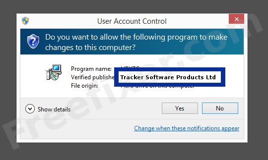 Screenshot where Tracker Software Products Ltd appears as the verified publisher in the UAC dialog